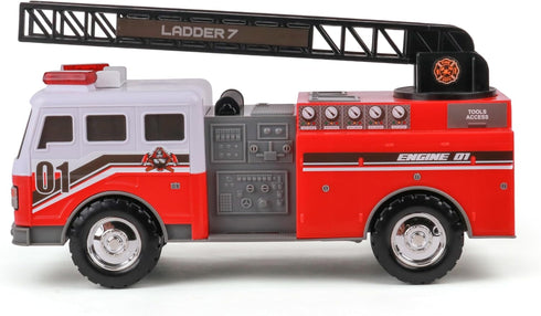 3+ Mighty Fleet Mighty Motorized Fire Ladder Truck Firetruck Toy w/Lights & Sounds, Motorized Ladder, Extending Ladder