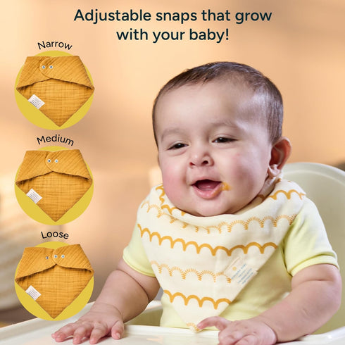 100% 6-Layers 0-3, Pack 8 Bandana Bibs - Organic Premium Muslin Cotton, Absorbent, Soft, Adjustable Snap Buttons
