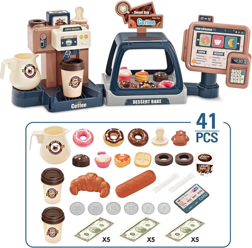 yoliyogo Playset Set Pretend Play Coffee Maker Toy Role Play Coffee Shop Party with Coffee Machine Cash Registers Toy