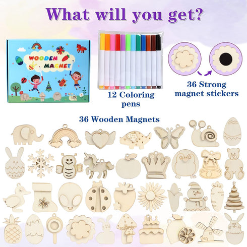 Worgree DIY Wooden Magnets, 36 pcs Art Craft Supplies Painting Kit for Kids Party Favors for Ages 4-12 Birthday Easter