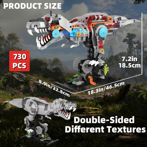 Set 8-14, (730PCS) Mechanical T-Rex Dinosaur Building with Lights, Rotatable Components & Display Stand, STEM Building