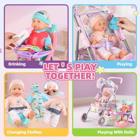 Set 12.5" 2 Sets 20 3, 4, 5, 6 YIYBM Baby Doll Stroller Play with Baby Doll,Dining Chair, Clothes and PCS Doll
