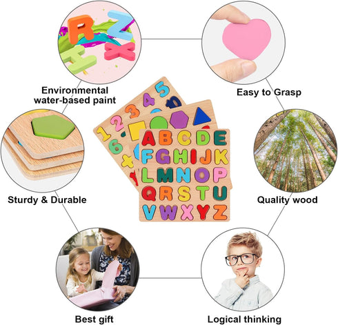 Wooden Puzzles for Toddlers 1-5 Years Old, Alphabet, Number, and Shape Educational Learning Toys Set