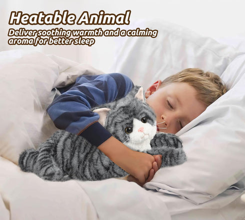 Gray Tabby Cat Stuffed Animals, Microwavable Stuffed Animal Adorable Fluffy Cat Plush for Warmth & Comfort, Heatable
