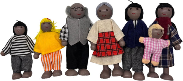 HYSTYLE 7 Pack Wooden Doll House Family Dolls - Family Role Play Pretend Play Mini People Figures (African American)