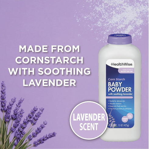 15 oz (425g) HealthWise Corn Starch Baby Powder | Soothing Lavender Scent | Talc Free | Paraben & Phthalate Free |