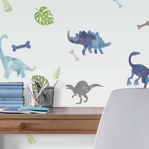 RoomMates RMK4101SCS Watercolor Dinosaur Peel and Stick Wall Decals, Blue, Green, Gray
