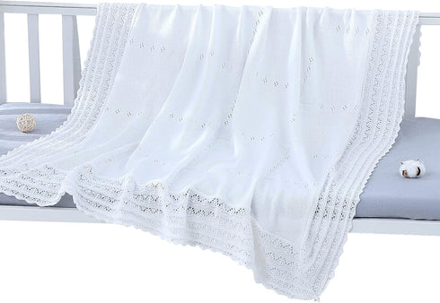 47x47 Booulfi Baby Blanket White Receiving Blanket Baptism Christening Towel for Newborn Girls Boys, White Cotton Knit