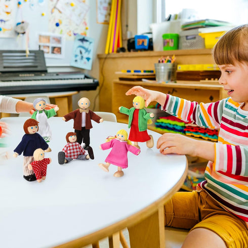 Wooden Dollhouse Family Set of 7, Mini Figures for Pretend Play, Classic Doll House Accessories for Kids & Toddlers