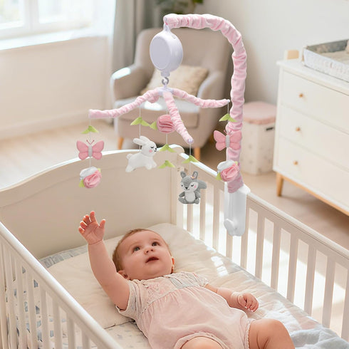 NICEMER 12 Baby Crib Mobile for Girls, Soft Knitted Woodland Characters Rabbit Squirrel, Pink and White Nursery Decor