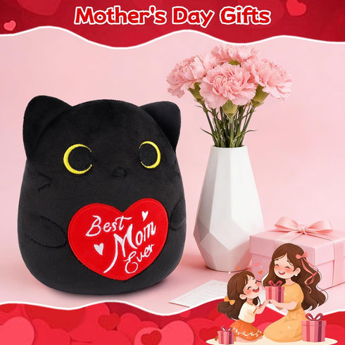 Best Mom Ever Black Cat Plush - Mother's Day Stuffed Animal with Heart
