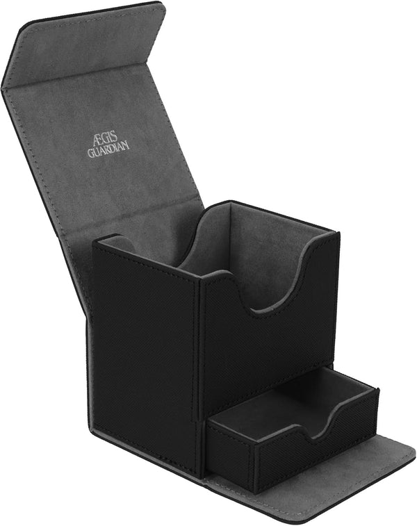 AEGIS GUARDIAN Card Deck Box with Dice Tray for MTG Cards - Fits 150+ Sleeved Cards, Black