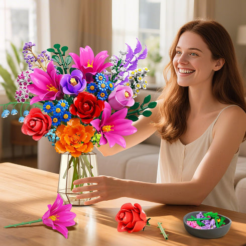 Set 21 1054PCS, 12+ CUBIMANA Flowers Bouquet Building with LED Light, Flower Botanical Collection Block Toy, Rose Home