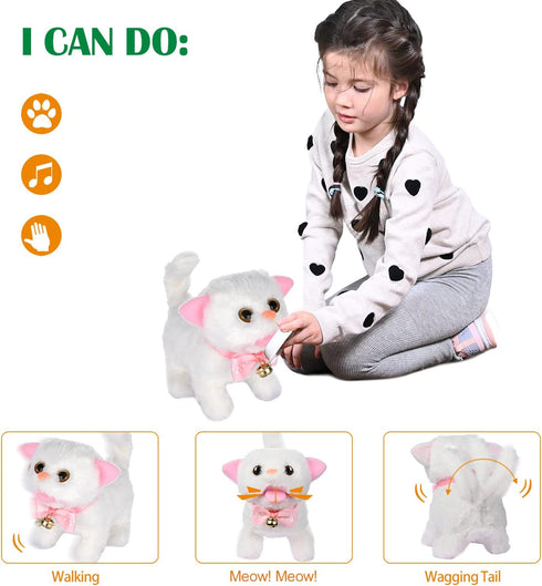 WorWoder Interactive Plush Cats for Kids, Lifelike Walking Toy Robot Kitten Pet, Cute Stuffed Kitten for Girls (White)