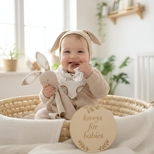 Set 4 Organic Cotton Baby Gift Piece Muslin Bunny Lovey Blanket + Teether Ring + Bandana Bib + Announcement Card |