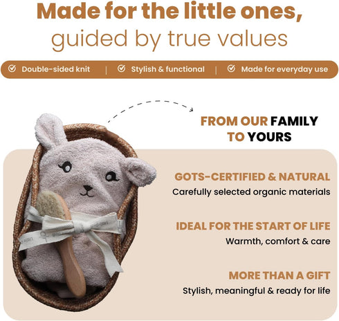 Set 3-Piece Set Baby Gift for Newborns with Organic Cotton Hooded Towel in Bunny Design, Natural Bristle Baby Hairbrush