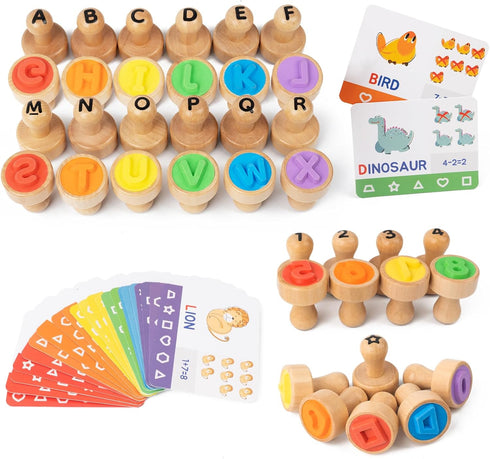 Busy edition Alphabet Number Stamps for Kids, Wooden Letter Stamps with Flashcard