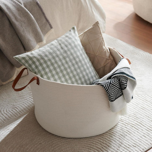 Luxury Extra Large Nursery Storage Basket, 22 x 22 x 14 inches, 100% Cotton Rope with Handles - Off White