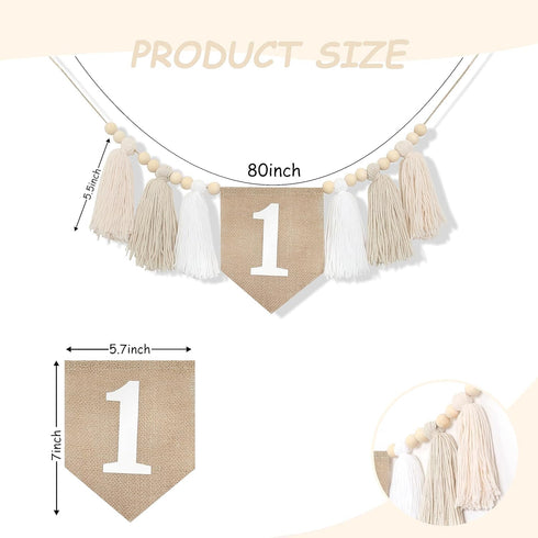 1st 1st BOOMPA White Birthday High Chair Banner - Wood Bead Tassel Garland - Pure Angel Birthday Photo Backdrop - Wall