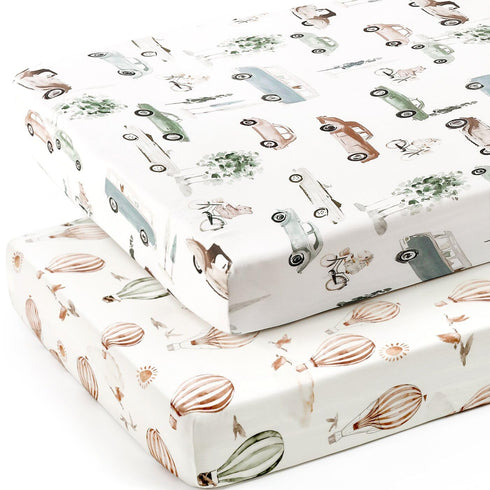 Stretch Ultra Soft Jersey Knit Fitted Crib Sheets Set 2 Pack,Fit All Standard Crib Mattress Pads Safe and Snug, Crib Fitted Sheet for Boys and Girls, Stylish Cars Print Kids Sheets for Boys by GRSSDER