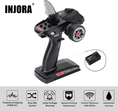 2.4GHz 6CH 1/8 1/10 TRX4 SCX10 Parts(T6FG) INJORA RC Transmitter Controler and Receiver with Gyro Remote Inside
