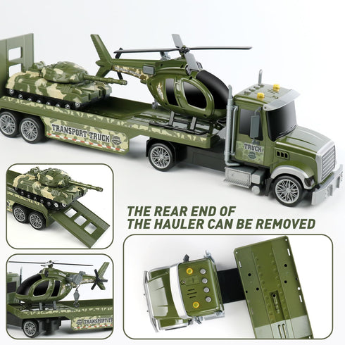 27" 3 4 5 6 Dwi Dowellin Large Friction Powered Military Truck Car Toy with Helicopters and Tank,Army Semi Truck Toys