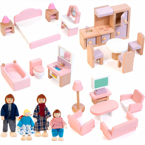 Kizfarm Wooden Dollhouse Furniture Set with 4 Family Dolls, 26 Pcs Pretend