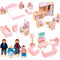 Kizfarm Wooden Dollhouse Furniture Set with 4 Family Dolls, 26 Pcs Pretend