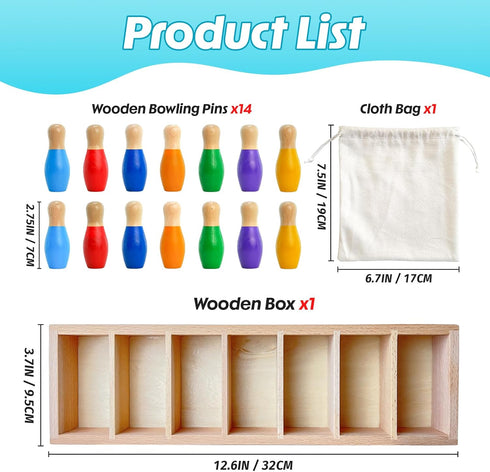 pamexin 7 Family Games for Kids, Wooden Bowling Color Matching Game with Bright Pins and Storage Bag, Family Board