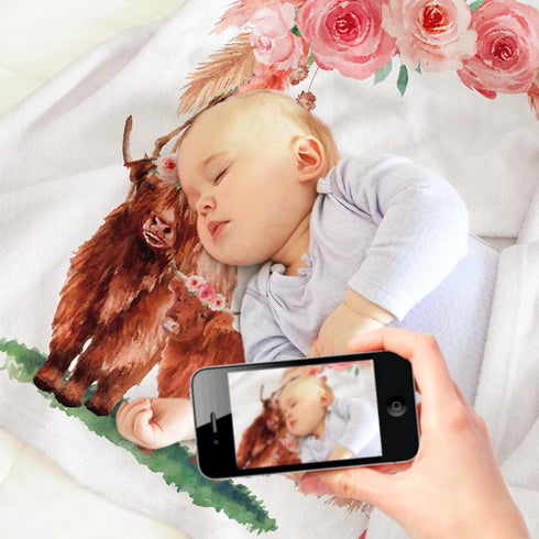 Highland Cow Baby Monthly Milestone Blanket Floral Scotland Photo Prop Blanket with New to The Herd Cattle Nursery Stuff Gift Ideas for Girl Newborn Nursery Décor Baby Gift 40" X 50 by Gicoherero