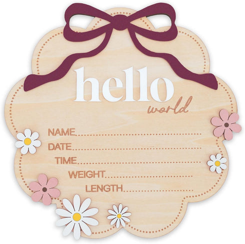 TTMerriwood Hello World Wooden Baby Birth Announcement Sign with Pink Bow, Cloud Shape