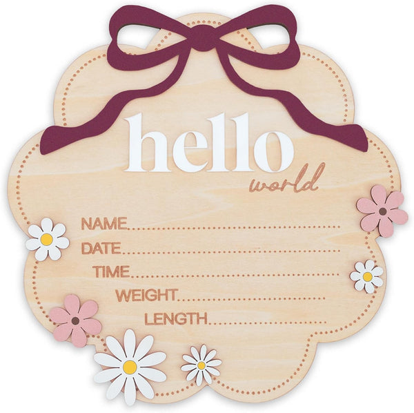TTMerriwood Hello World Wooden Baby Birth Announcement Sign with Pink Bow, Cloud Shape