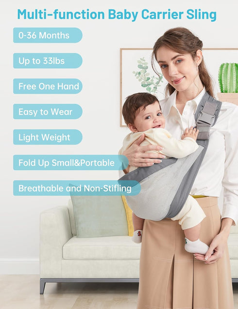 3D 33 lbs, Baby Sling Carrier, Cotton and Breathable Mesh, Ergonomically Adjustable Baby Carrier Newborn to Toddler