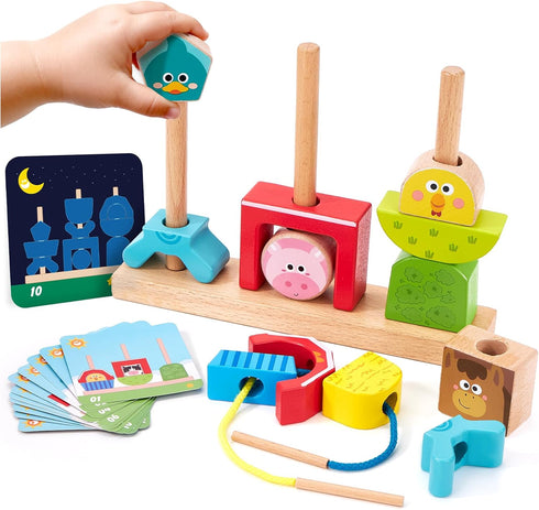 hahaland Montessori Wooden Brain Building Block for Toddler 1-3 Stacking Toy Day