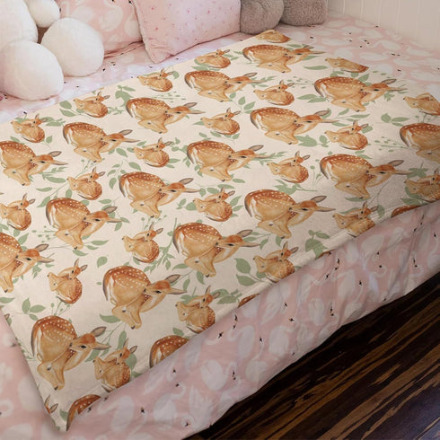 Cute Woodland Deer Green Leaves Baby Blanket for Boys Girls, Soft Flannel Swaddle Receiving Blankets for Newborn
