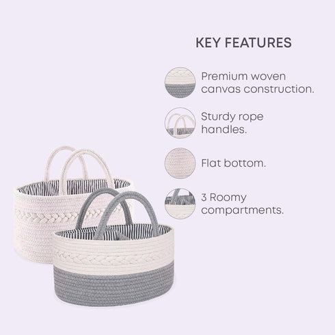 Oliver & Emilia Diaper Caddy - Portable Woven Baby Organizer Basket w/Handle, Nursery Changing Caddies & Dividers