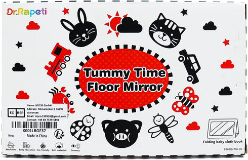 Dr.Rapeti Tummy Time Floor Mirror - Black and White High Contrast Baby Toy with Teethers, Washable & Non-Toxic