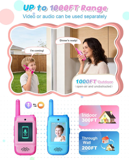 KAKTIN 2 Pack 3 3-12 1000Ft Video Walkie Talkies for Kids, Kids Walkie Talkies with Voice Changers, Rechargeable Toy
