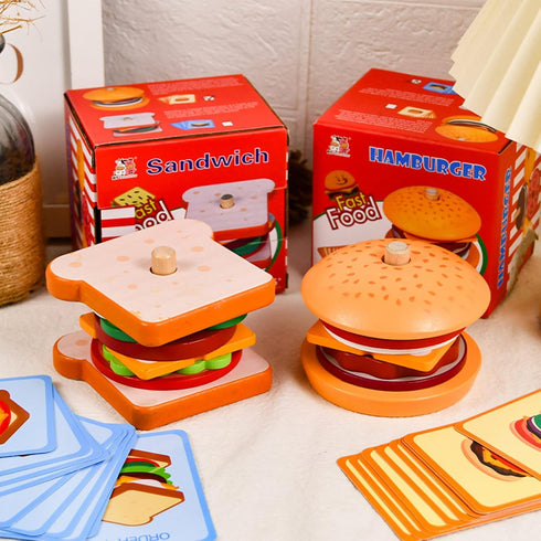 Wooden Burger Sandwich Stacking Toys - Montessori Educational Play Food for Toddlers, Christmas Birthday Gift for Kids