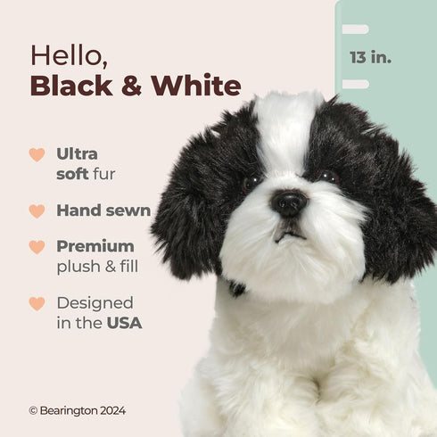 Bearington Collection Shih Tzu Stuffed Animal - 11 in Black & White Plush Puppy, Soft Realistic Washable Dog