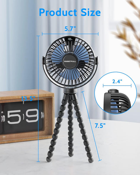 SWEETFULL Portable Stroller Fan, 4000mAh Battery Powered Mini Clip Fan, 4-Speed Rechargeable for Car Seat, Crib,