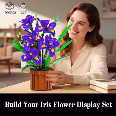 Set 808PCS CUBIMANA Flowers Botanicals Iris Building - Mother's Day Artificial Purple Bonsai Plant for Home Office