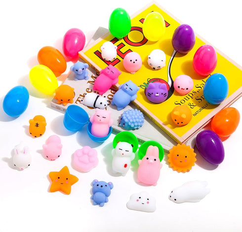 24 Pack Fillers Easter Eggs with Mochi Squishy Toys Surprise Mini Kawaii Animal Squishies Stress Relief Toys for Easter