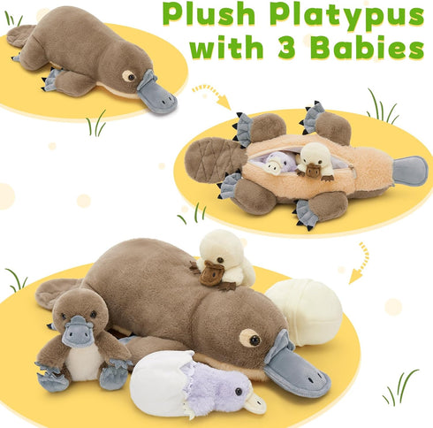 21" 3 2 Tezituor Platypus Stuffed Animal with Babies & Eggs, Cute Realistic Platypus Plush Toys for Kids, Christmas