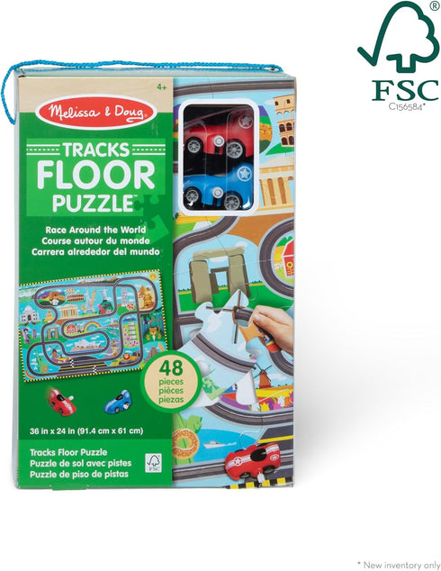 (48 4+ Melissa & Doug Race Around the World Tracks Cardboard Jigsaw Floor Puzzle and Wind-Up Vehicles Pcs)