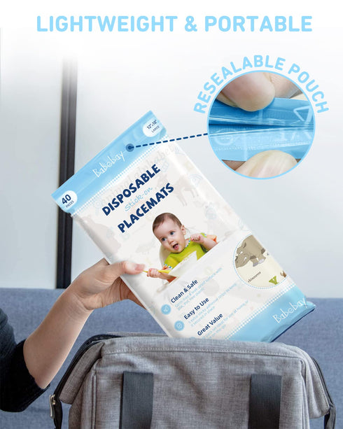 40 Pack 12" 18" 3 Babebay Disposable Placemats for Baby, Sticky Toddler Placemat for Restaurants, Dining Table, Party