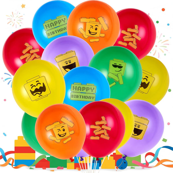 SUNBEAUTY 18 Pcs Building Block Party Balloons Brick Theme Kids Birthday Supplies Decorations in 6 Colors