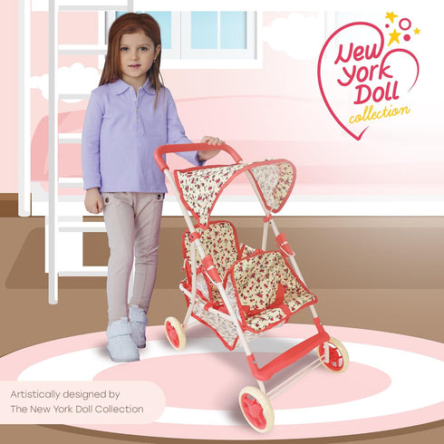 Double Doll Stroller for Baby Dolls, Floral Tandem Play Toy Stroller for 4-8 Year Old Girls
