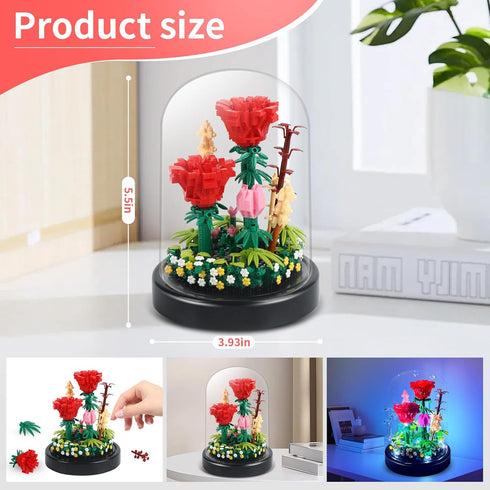 Water Bottle Sets 593 Flower Bouquets Building with LED String Light and Dust Cover, Pcs Flower Mini Brick Block, Red