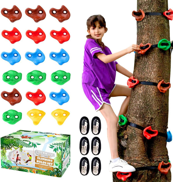 18 Ninja Tree Climbing Holds and 6 Sturdy Ratchet Straps for Kids, Large Climbing Rocks for Outdoor Training
